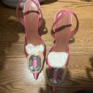 Amina Muaddi Pink Crystal-Embellished Pointed Slingback Heels